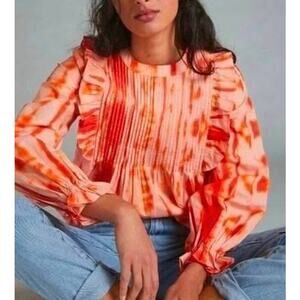 Anthropologie Samant Chauhan orange tie dye ruffle long sleeve boho top. Medium